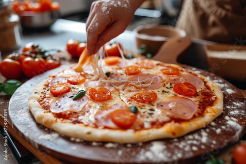 A person expertly adds layers of gooey cheese onto a crispy flatbread  creating a mouthwatering california-style pizza at an indoor table adorned with pepperoni and fresh tomatoes