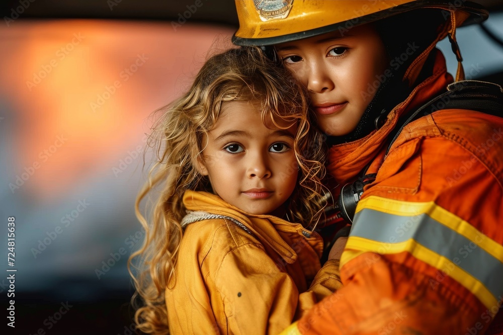 A determined firefighter mother dons her protective yellow workwear as she carries her precious toddler in her arms, braving the dangers of the outdoors and instilling bravery in her young child A determined firefighter mother dons her protective yellow workwear as she carries her precious toddler in her arms, braving the dangers of the outdoors and instilling bravery in her young child