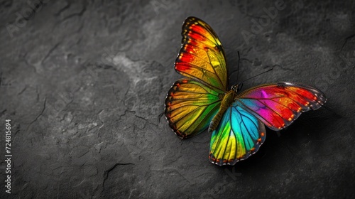A butterfly colored in all the colors of the rainbow, vibgyor wings and very attractive, placed on a black and white, monochrome background with copy space photo