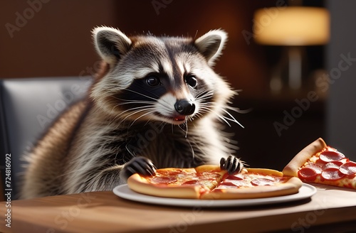 Funny raccoon holding pizza in its paws,raccoon eating pizza,forest animal looking into the frame photo