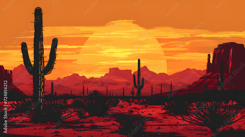 Desert Sunset with Cacti and Mountains Vector Illustration