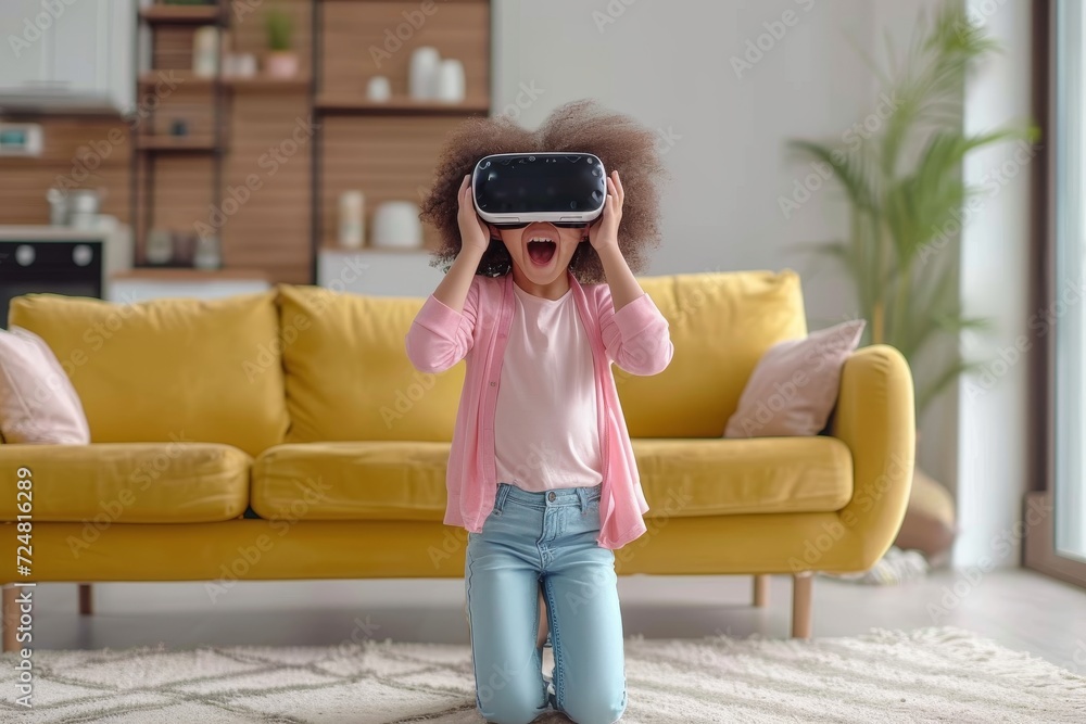 Obraz premium A young girl stands indoors, wearing stylish clothing and a vr headset while her mouth hangs open in amazement, surrounded by furniture and a studio couch, showcasing the latest fashion accessory and