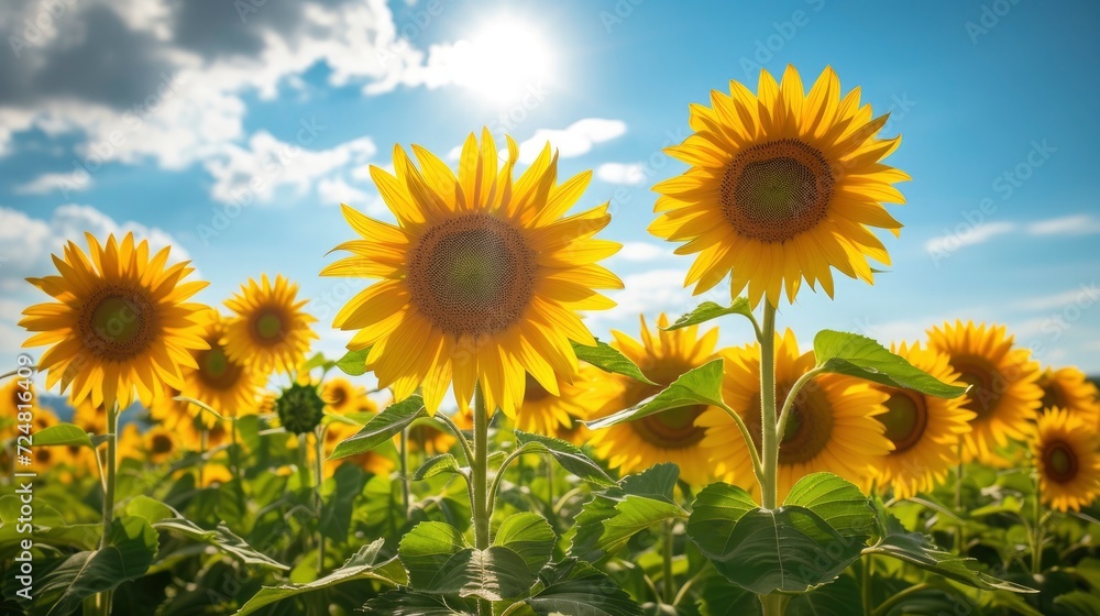 A field of vibrant sunflowers turning their faces towards the sun, over the blue sky A field of vibrant sunflowers turning their faces towards the sun, over the blue sky