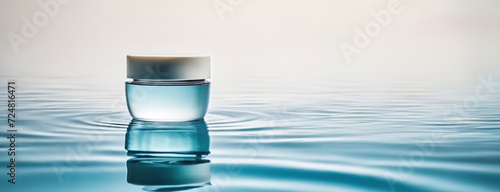 Elegant Cosmetic Cream Jar on Aquatic Background. A stylish cosmetic cream jar rests on a glassy surface, reflecting the serene blue tones of water beneath i