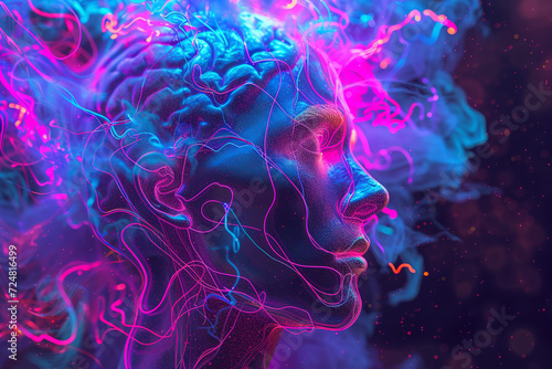 Neon Portrait of Contemplation in a Mind Alight with Cognitive Brilliance and Abstract Thought