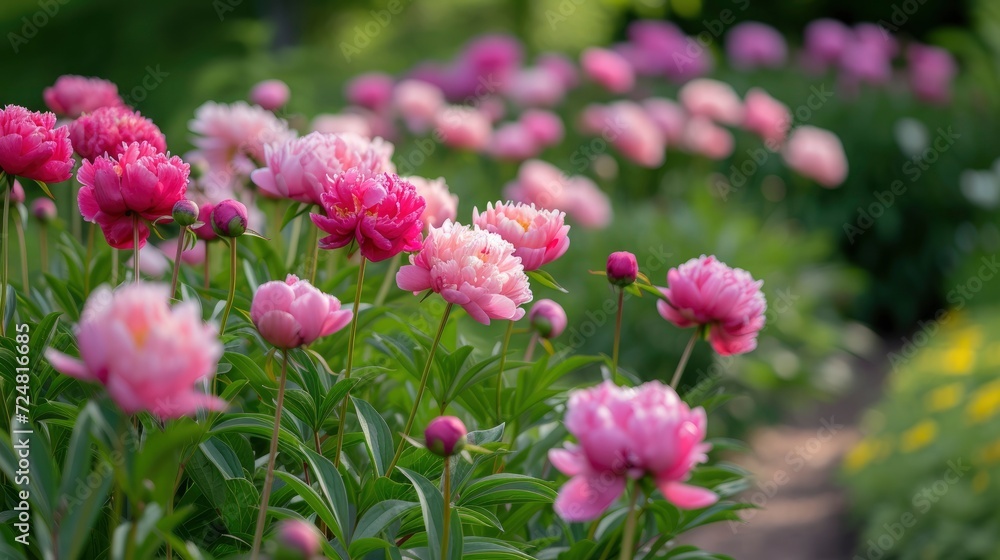 A garden filled with peonies in full bloom A garden filled with peonies in full bloom