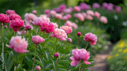 A garden filled with peonies in full bloom