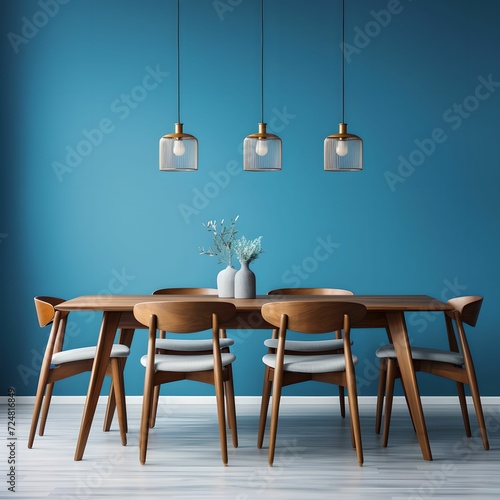 Mid-century style interior design of modern dining room with a wooden table and chairs against blue wall 