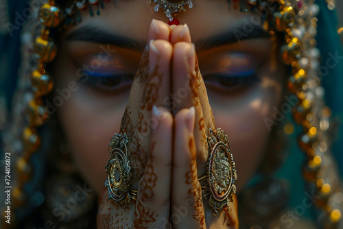 close up of Indian woman praying bokeh style background