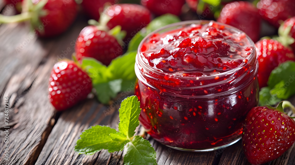 Fresh Strawberry Jam in Glass Jar Homemade Preserves with Berries and Mint on Rustic Wooden Background Fresh Strawberry Jam in Glass Jar Homemade Preserves with Berries and Mint on Rustic Wooden Background