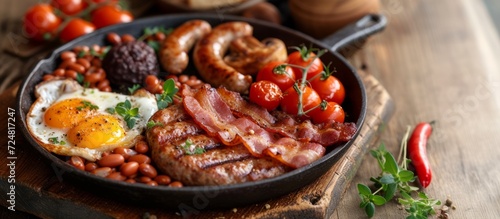 Close-up traditional full English breakfast on a frying pan, with bacon, sausage, eggs, tomatoes, and baked beans