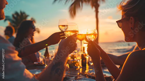 Beachfront Dinner Toast with Wine Glasses at Sunset