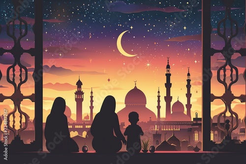illustration, muslim family at the window looking during the celebration of Ramadan