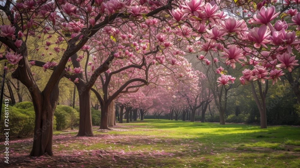 A grove filled with magnolia trees in full bloom A grove filled with magnolia trees in full bloom