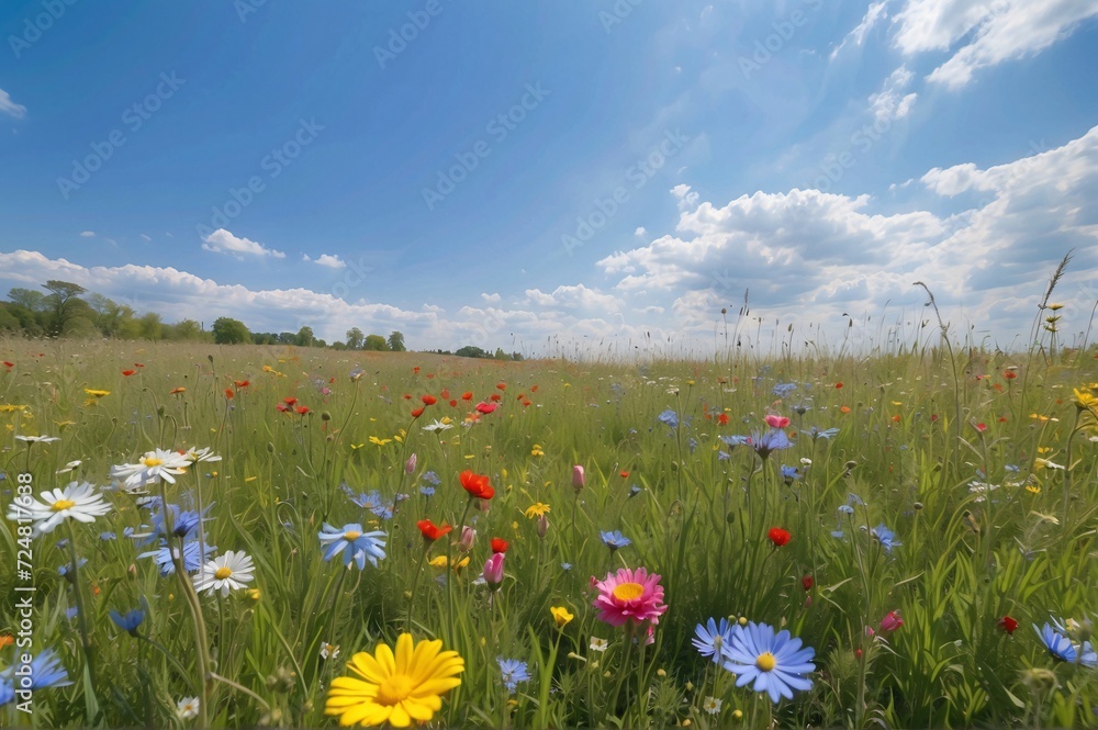 Obraz premium Beautiful view of a flower meadow in spring against blue sky