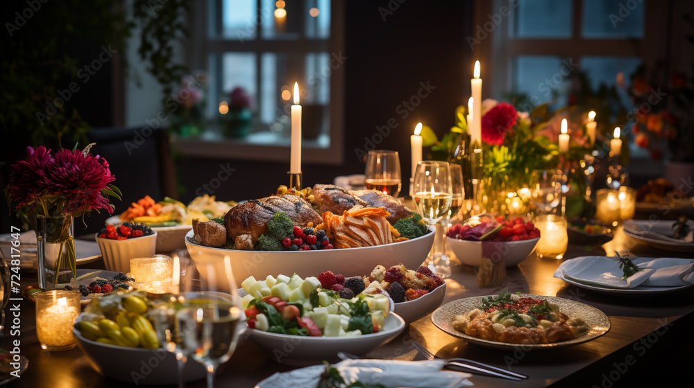 Fototapeta premium Festive holiday dinner table setup with sparkling lights and gourmet dishes