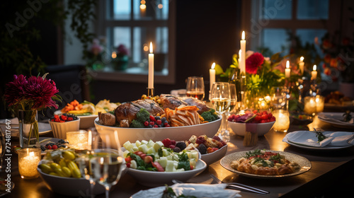 Festive holiday dinner table setup with sparkling lights and gourmet dishes