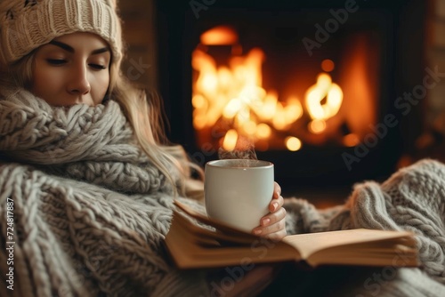 A woman finds comfort and solace by the fireplace, surrounded by nature, with a warm cup of coffee in hand and a book to escape into