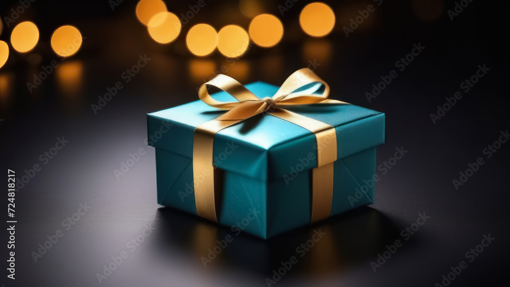 One beautiful green gift box with gold ribbon on a dark background. One beautiful green gift box with gold ribbon on a dark background.