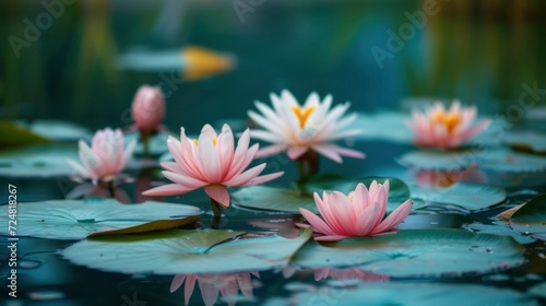 A tranquil scene of lotus flowers floating on a peaceful pond