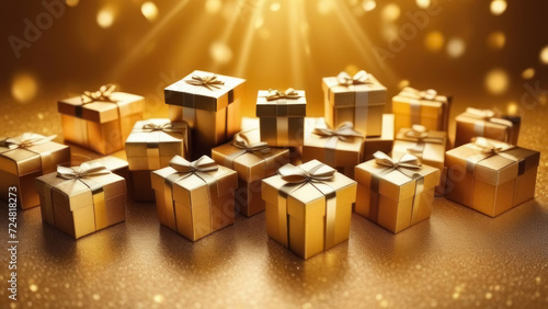 Beautiful golden gift boxes on a golden background.