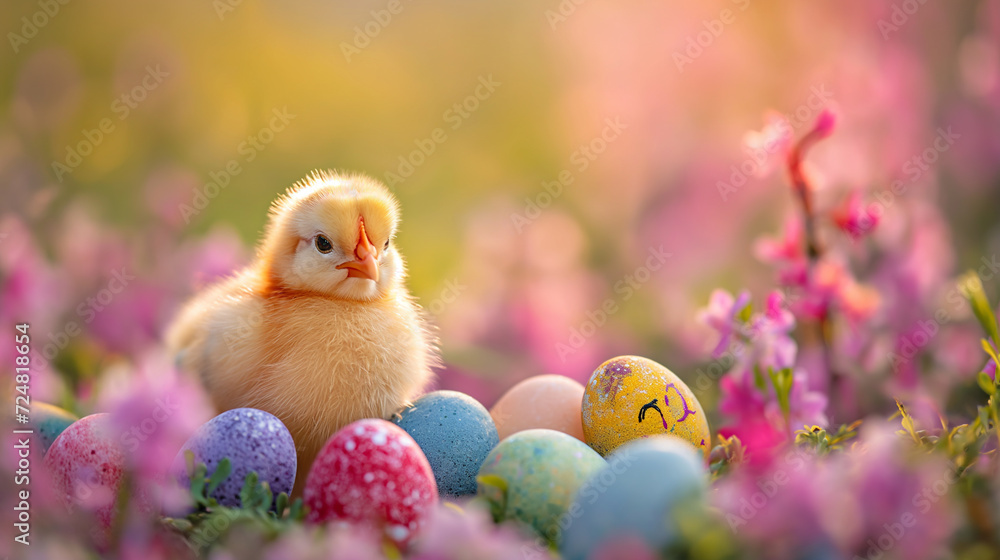 Cozy composition with a cute and funny little yellow chicken and painted colorful Easter eggs on a blurred floral background. Beautiful spring card