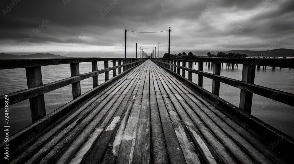 black and white photo of a long wooden pier against the backdrop of a pond, concept: wooden bridge, pier, pond lake