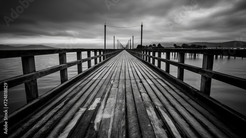 black and white photo of a long wooden pier against the backdrop of a pond, concept: wooden bridge, pier, pond lake © Kostya