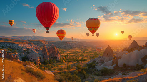 Colorful hot air balloons soaring over scenic valley © Katrin_Primak