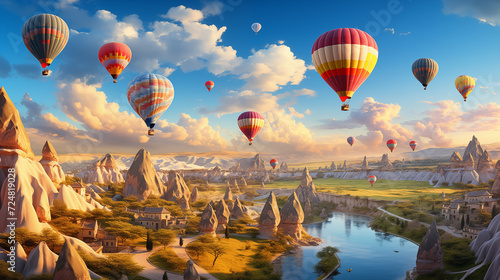 Colorful hot air balloons soaring over scenic valley