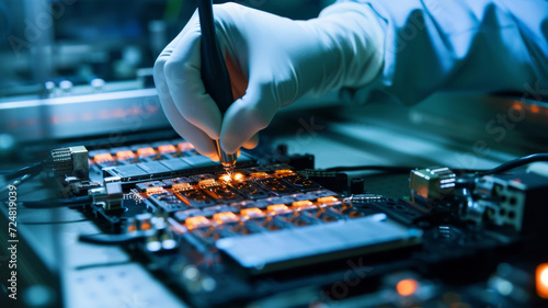 Technician Soldering Components on a Circuit Board in Electronics Manufacturing