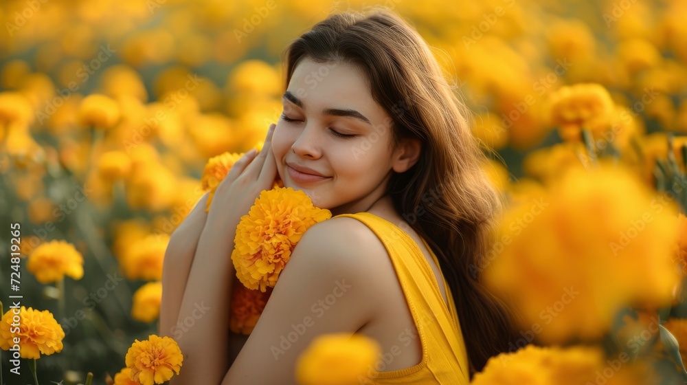 Naklejka premium Beautiful Teenage girl embracing in golden marigold flowers, in yellow dress