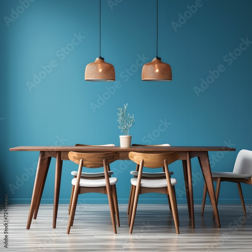 Mid-century style interior design of modern dining room with a wooden table and chairs against blue wall 
