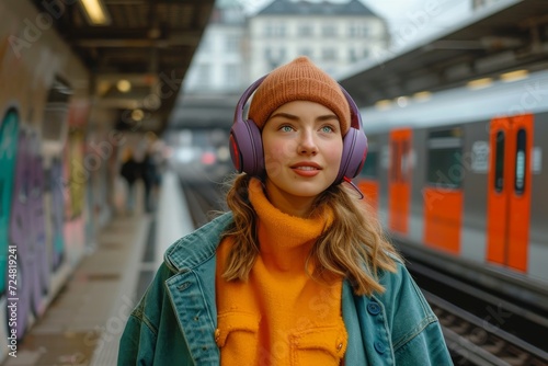 A woman, wearing a vibrant orange jacket and scarf, stands confidently on the train platform, headphones in place as she prepares to embark on her next journey