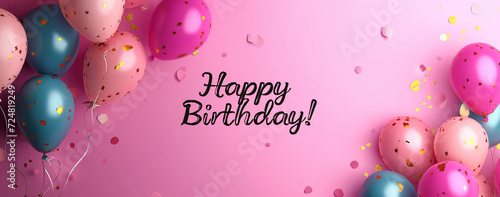 festive banner with inscription happy birthday with balloons and confetti on pink background