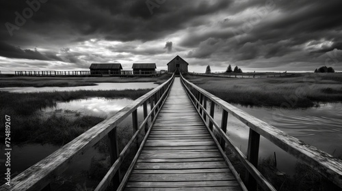 black and white photo of a long wooden pier against the backdrop of a pond, concept: wooden bridge, pier, pond lake