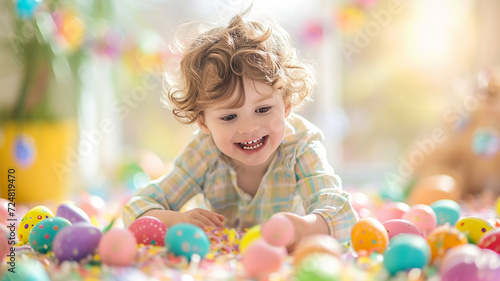 A little cute baby girl is playing with colorful Easter eggs in a cozy home environment