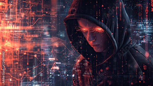 Hacker in dark hoodie on city background with binary code concept