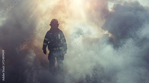 Firefighter in action with smoke and fire in the background