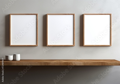 White wall adorned with blank picture frames, providing a versatile template or mock-up background. © Murda