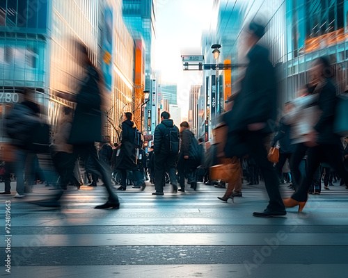 Dozens of men and women go to the office on foot in the morning, all the people are in motion blur, city background