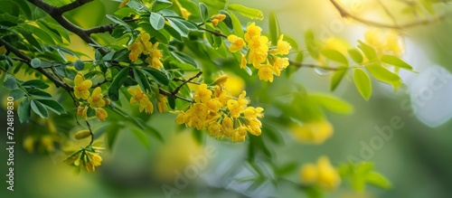 A flowering tree branch called Siberian peashrub or caragana, with green leaves and yellow flowers resembling Acacia. photo