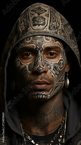 a man with a Latin American gang with tattoos on his face and body in ethnic style, concept: criminal tattoos, Latin and Mexican gangs