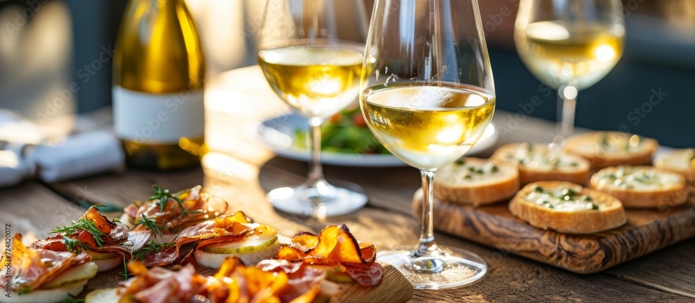 A table with appetizers and two glasses of white wine on a wooden board.