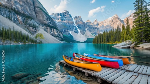 Canoes on a jetty at Moraine lake, Ban ff national park in the Rocky Mountains