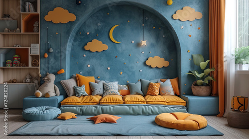 A whimsical children’s room with a celestial theme. Features a comfy blue sofa, plush toys, and decorative wall art of clouds, stars, and a moon.