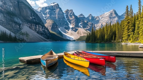 Canoes on a jetty at Moraine lake, Ban ff national park in the Rocky Mountains photo