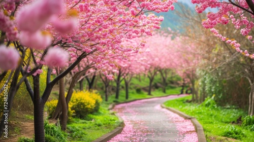 Cherry Blossom Path in a Tranquil Garden,stock photo