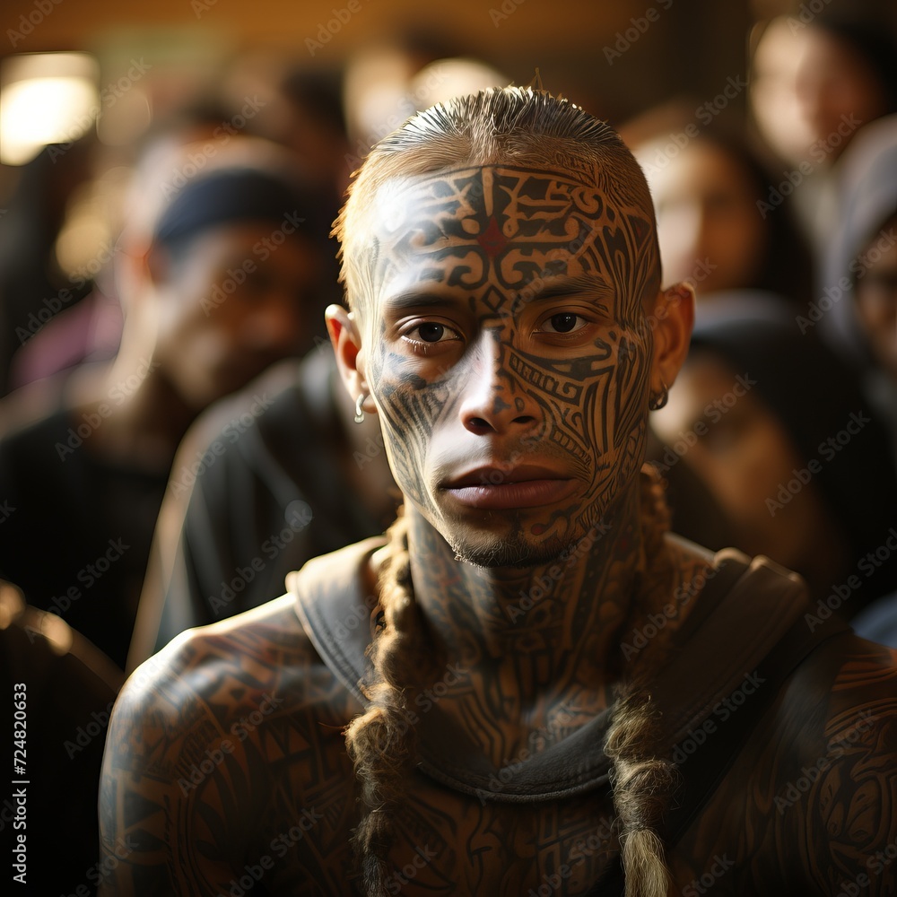 a man with a Latin American gang with tattoos on his face and body in ethnic style, concept: criminal tattoos, Latin and Mexican gangs a man with a Latin American gang with tattoos on his face and body in ethnic style, concept: criminal tattoos, Latin and Mexican gangs
