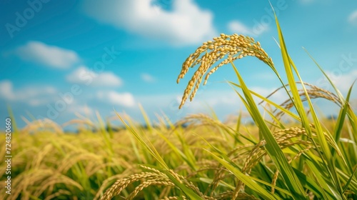 close up of a single rice crop in field under the blue sky, sky blue bokeh background